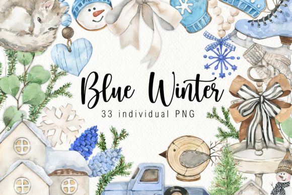 Download Watercolor Blue Winter Decor Clipart - Winter decor Collection