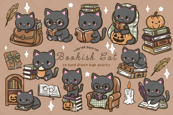 Download Kawaii Black Cat Bookish Fall Clipart - Fall clipart Collection